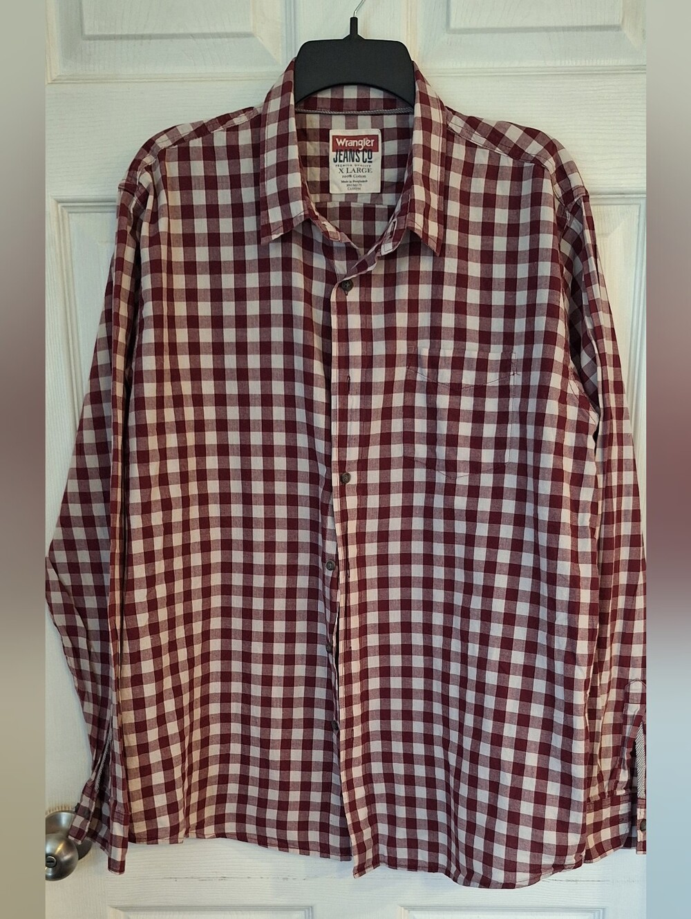 Wrangler Jeans Co Men’s XL Burgundy Gingham Check Long Sleeve Button Down Shirt
